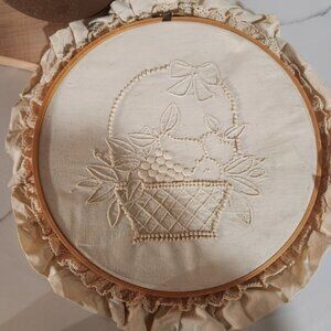 Vintage Hand Embroidered Fruit Basket Wall Hanging Lace Ruffle Wood Hoop Cream